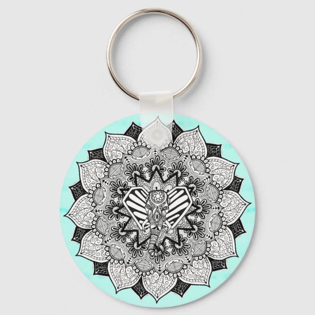Llavero Elefante Boho Tangle y Mandala dibujada a mano (Anverso)