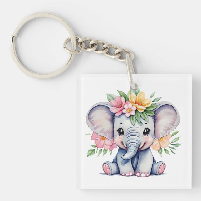 Llavero Elefante cutáneo acuarela con flores (Frente)