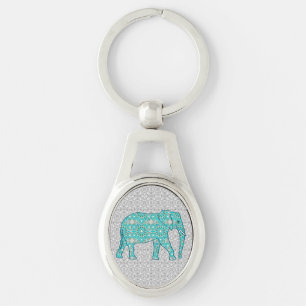 Llavero Elefante de flores de Mandala - turquesa, gris y b