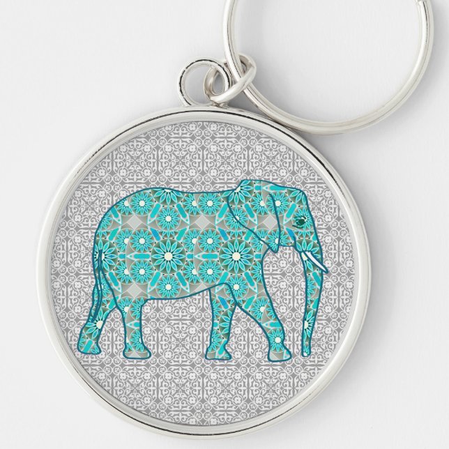 Llavero Elefante de flores de Mandala - turquesa, gris y b (Frente)