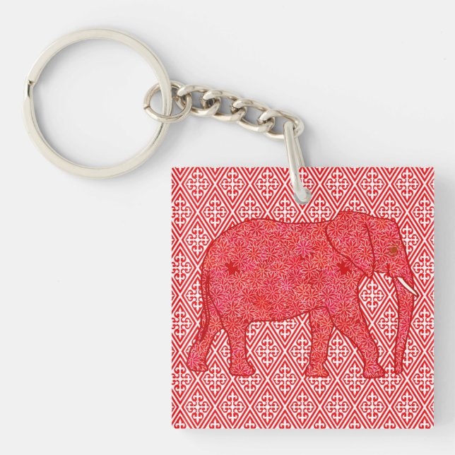 Llavero elefante de flores - rojo profundo y coral (Frente)