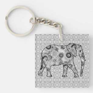 Llavero elefante de remolino fractal - gris, negro y blanc