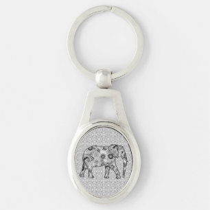 Llavero elefante de remolino fractal - gris, negro y blanc