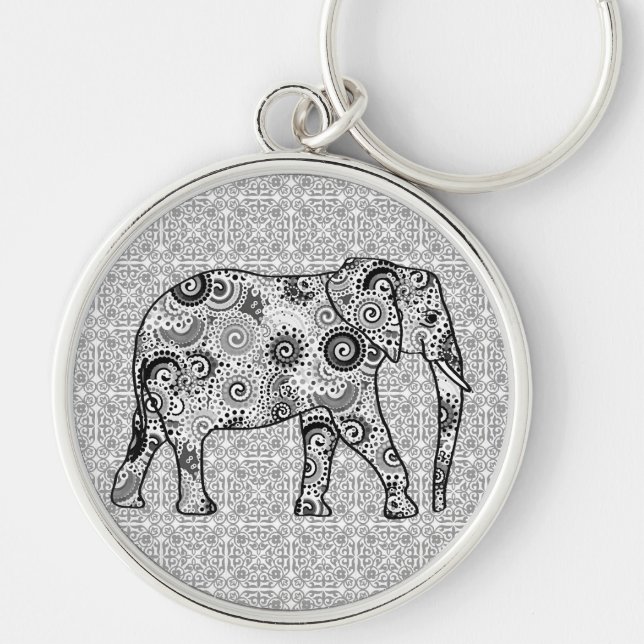Llavero elefante de remolino fractal - gris, negro y blanc (Frente)