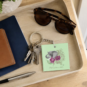 Llavero Elefante Floral Rosa Loto Henna Mandala Verde