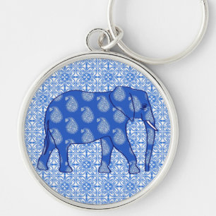 Llavero Elefante paisley - azul cobalto y blanco