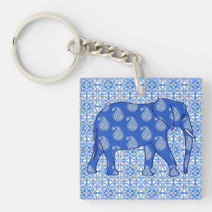 Llavero Elefante paisley - azul cobalto y blanco