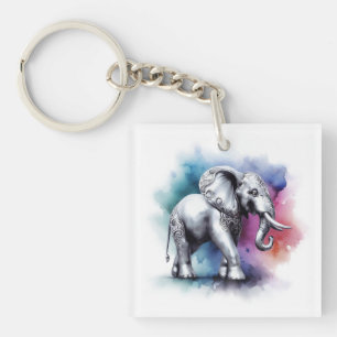 Llavero Elefante plateado vibrante acuarela