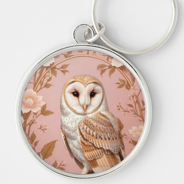 Llavero Elegant Barn Owl Pink and Gold Floral  (Frente)