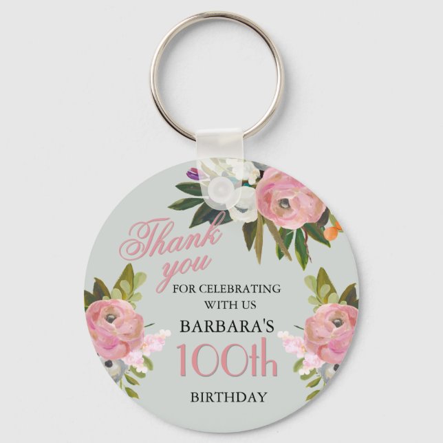Llavero Elegant Floral 100th Birthday Party Favor (Anverso)