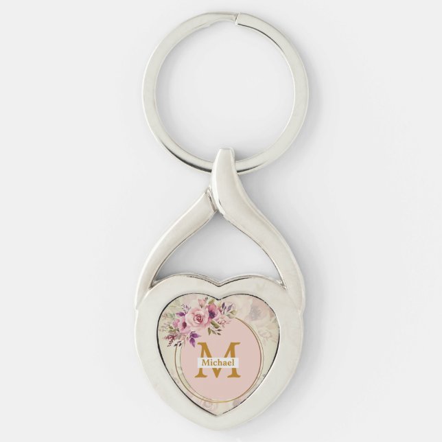 Llavero Elegant Floral Gold Monogram Heart, Name & Initial (Anverso)