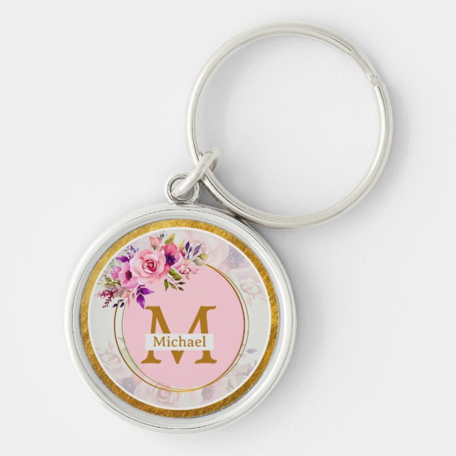 Llavero Elegant Floral Gold Monogram | Name & Initial (Frente)