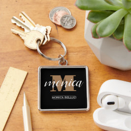 Llavero Elegant Monogram Black Gold Script minimal