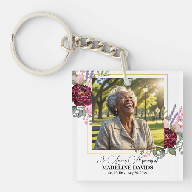 Llavero Elegant Peonies Photo Funeral Keepsake  (Frente)