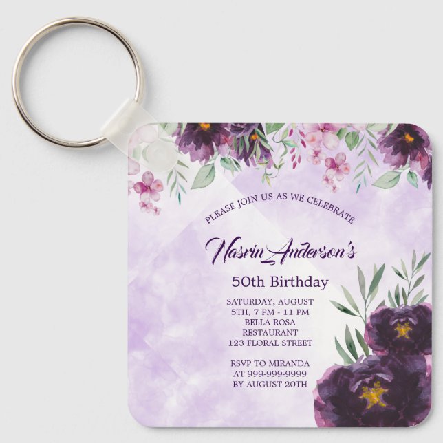 Llavero Elegant Purple Floral Birthday Invitation (Anverso)