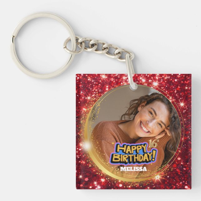 Llavero Elegant Red & Gold Glitter Photo 16th Birthday (Frente)