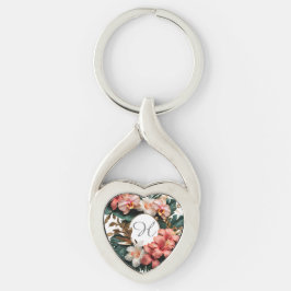 Llavero Elegant Tropical Floral Monogram Heart Keychain