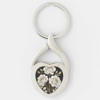 Llavero Elegant White & Gold Floral Rose heart key– Luxury