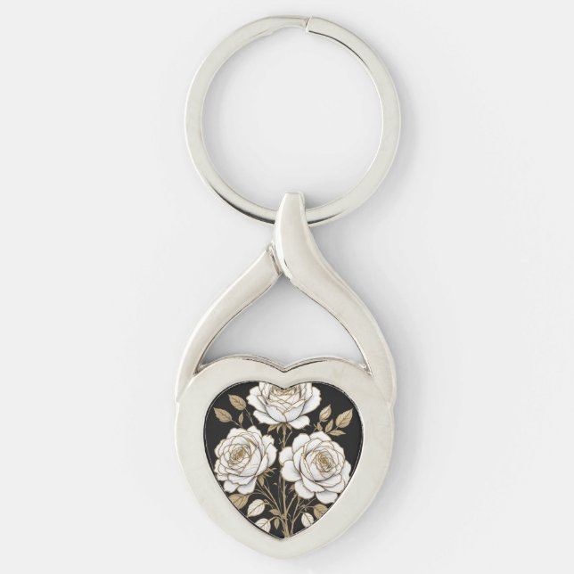Llavero Elegant White & Gold Floral Rose heart key– Luxury (Anverso)