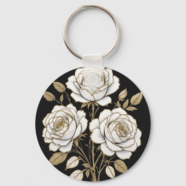 Llavero Elegant White & Gold Floral Rose Keychain – Luxury (Anverso)
