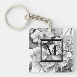 Llavero Elegante acuarela floral gris y blanco