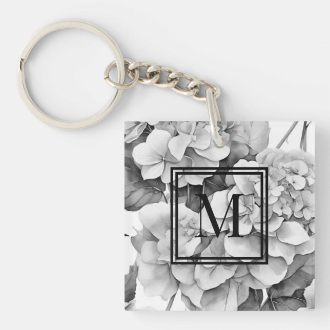 Llavero Elegante acuarela floral gris y blanco (Frente)