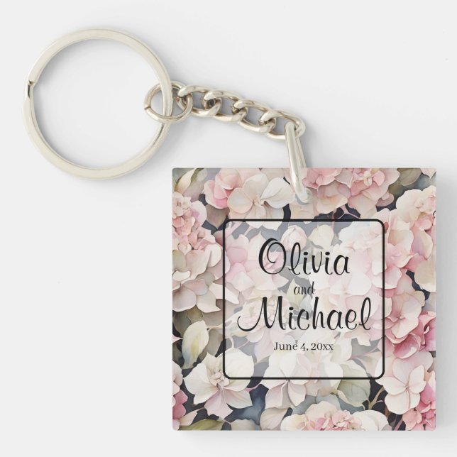 Llavero Elegante acuarela rosa hidrangeas florales (Frente)