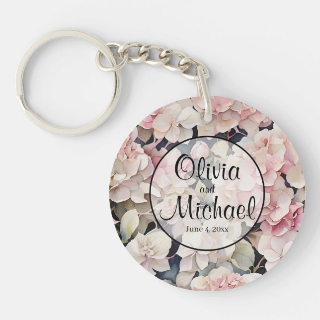 Llavero Elegante acuarela rosa hidrangeas florales (Frente)