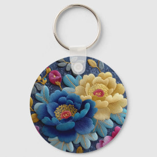 Llavero Elegante Aspecto de Peonía Floral Bordada Vintage
