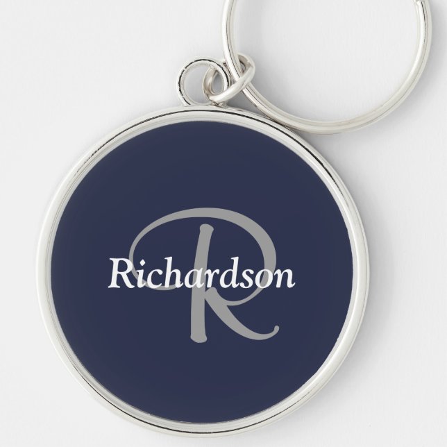 Llavero Elegante azul marino blanco gris plateado monogram (Frente)