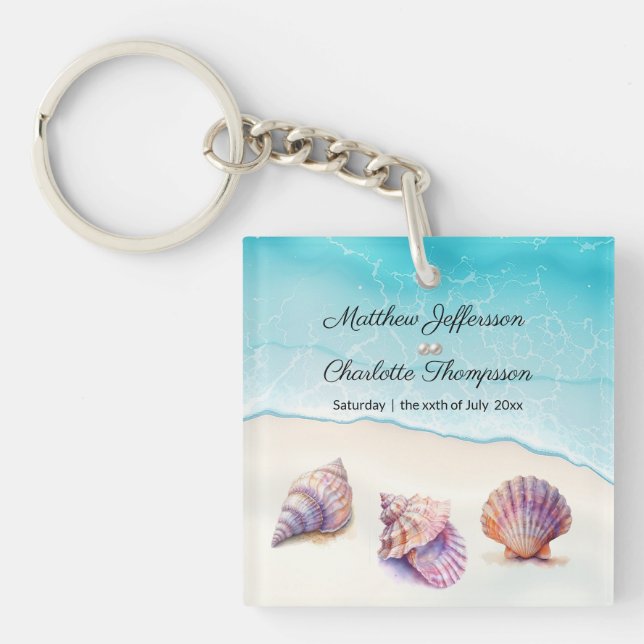 Llavero Elegante Beach Wedding Seashells Perlas Náuticas (Frente)