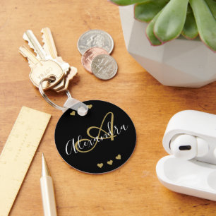Llavero Elegante Black Gold Hearts Script Monograma Nombre