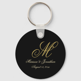 Llavero Elegante Black Gold Script MonogramButton Keychain