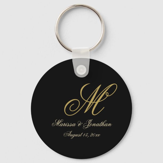 Llavero Elegante Black Gold Script MonogramButton Keychain (Anverso)