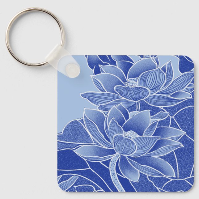 Llavero Elegante Blue Lotus Flowers Mandala Chinoiserie (Anverso)