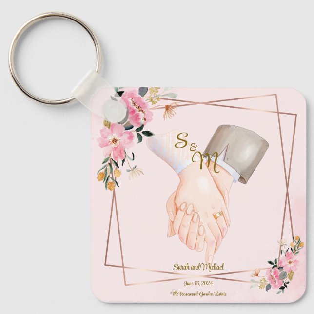 Llavero Elegante Boda botánico rosado (Anverso)