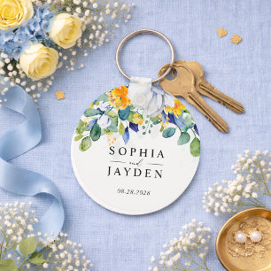 Llavero Elegante boda de acuarela floral amarilla y azul