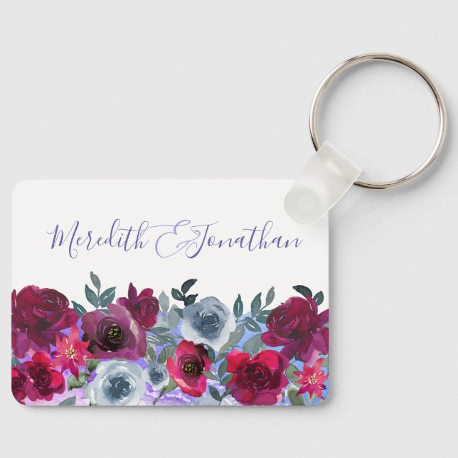 Llavero Elegante Boda de Floral Azul Verde Borgoña (Anverso)