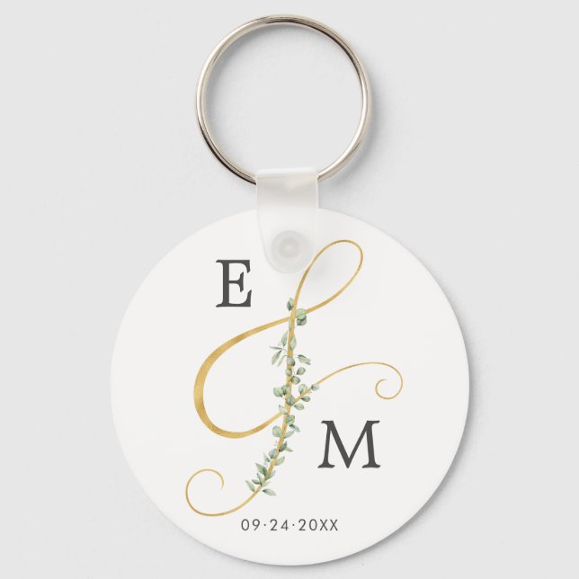 Llavero Elegante Boda de Monograma Ampersand Greenery (Anverso)