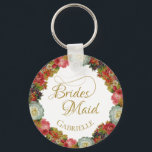 Llavero Elegante Bridesmaid Favor Vintage Autumn Floral<br><div class="desc">Esta hermosa cadena de llaves está diseñada como un regalo o un favor para las damas de honor. Presenta un borde de rosas vintage en colores otoñales, incluyendo rosa coral, rojo, naranja y ciruela. El texto es un elegante guión dorado con torbellino de encaje. Hay un lugar donde escribir su...</div>