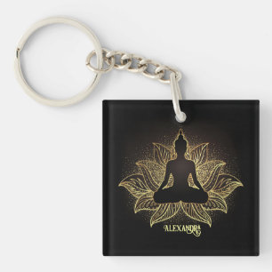 Llavero Elegante Buda de Oro Negro Meditación Flor Lotus