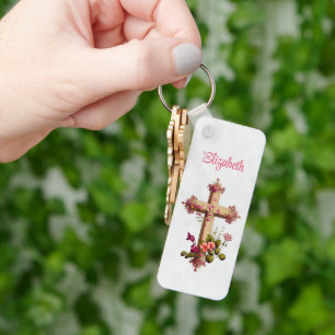 Llavero Elegante cruz de madera con flores rosas
