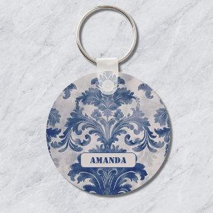 Llavero Elegante damasco Azul toile de jouy monograma