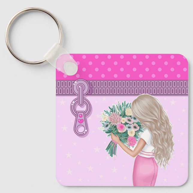 Llavero Elegante diseño floral chica y rosa (Anverso)