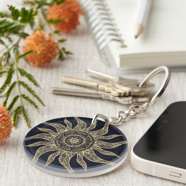 Llavero Elegante Dorado Sun Mandala Blue Nebula Diseño (Frente Derecha)