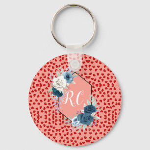 Llavero Elegante Dusty Blue Floral y Corazones Rojos Monog