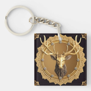 Llavero Elegante emblema de ciervo dorado con marco orname