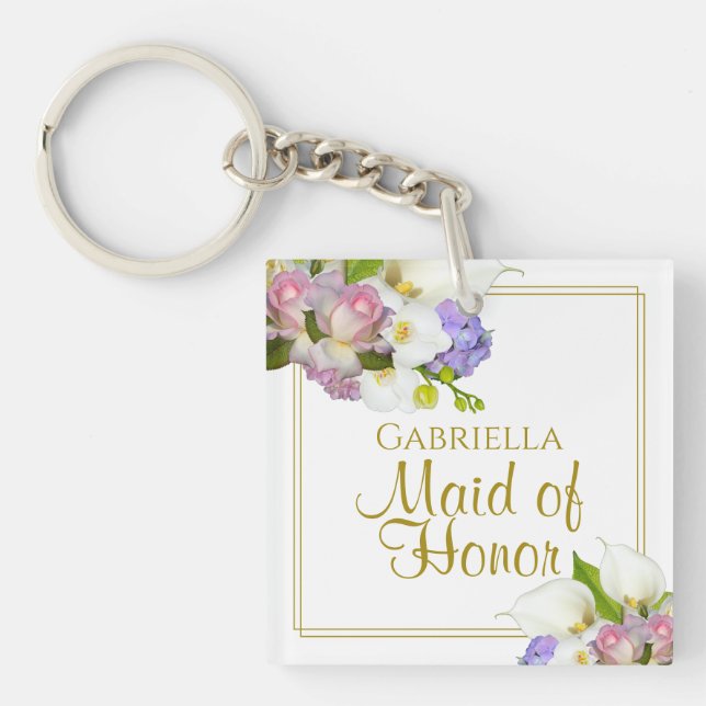 Llavero Elegante empleada de honor floral de primavera con (Frente)