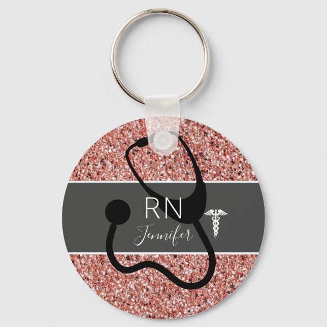 Llavero Elegante enfermera RN Caduceus Rosa Oro Personaliz (Anverso)