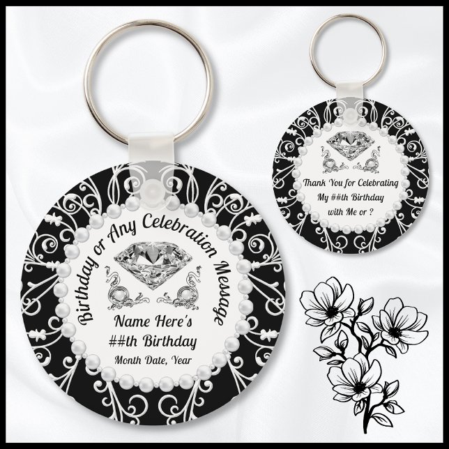 Llavero Elegante fiesta de cumpleaños, cualquier año, colo (Elegant Birthday Favors for adults. Perfect for her, Diamonds and Pearls Birthday Theme. 30th, 60th)